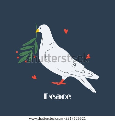 Dove of peace, pigeons. Standing bird with plant olive branch. Peace, love, freedom, no war, innocence, human purity. Hand drawn modern vector illustration. Support Ukraine Icon, logo template
