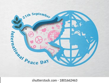 Dove peace with pink sign icon of Peace day in paper cut style and the day, name of event with global on white paper pattern background. International Peace Day poster campaign in vector design.