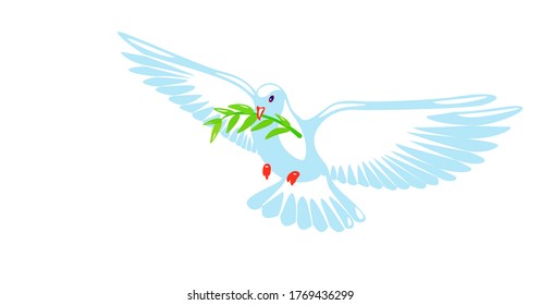 Dove of peace purity design. Pigeon with green olive branch on white background. Logo, symbol of love and messengers. Flat vector Beautiful graphic isolated element. Flying cartoon bird drawing.