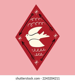 The dove of peace in a red diamond. The magical mystical symbol of the dove. Vector illustration in doodle style