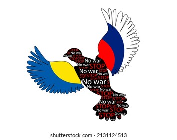 Dove of peace Russia and Ukraine. Dove in the colors of the flags of Ukraine and Russia with the inscription - Stop and No war. Conflict between Russia and Ukraine. A symbol of peace.