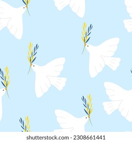 Dove of peace seamless pattern. Bird in the sky, vector illustration.