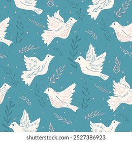 Dove of peace seamless pattern. Flying pigeon holding an olive branch on teal sky repeat background. Surface pattern design festive birds motif. Vector hand drawn flat illustration.