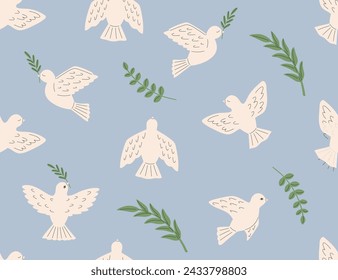 Dove of peace seamless pattern. International Day of Peace. Peace and love, freedom, no war concept. Pacifism symbol. Vector illustration in flat hand drawn style 