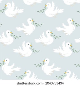 Dove of peace seamless pattern on blue. White dove green olive branch stock vector illustration for web, for print