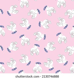 Dove of peace seamless vector background. Stop war illustration background pink hand drawn. Flying birds