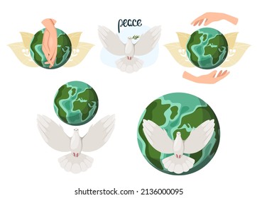 The dove of peace. A set of illustrations. Cartoon design.
