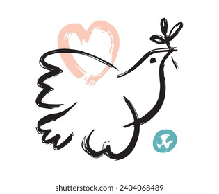 The dove of peace, a simple drawing. A vector ink illustration made with a rough brush, isolated on a white background.