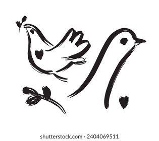 The dove of peace, a simple drawing. A vector ink illustration made with a rough brush, isolated on a white background.