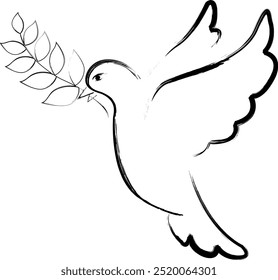 Dove peace. Symbol hope and striving for harmony. White dove holding an olive branch in its beak. New beginning and improvement of life. Bird of happiness.