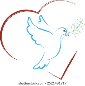 Dove peace. Symbol hope and striving for harmony. White dove holding an olive branch in its beak. New beginning and improvement of life. Bird of happiness.