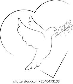 Dove peace. Symbol hope and striving for harmony. White dove holding an olive branch in its beak. New beginning and improvement of life. Bird of happiness.