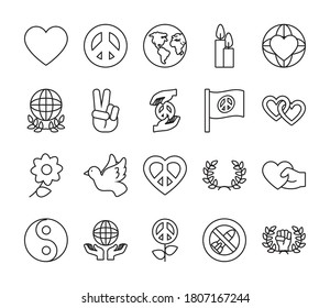 dove and peace symbol icon set over white background, line style, vector illustration