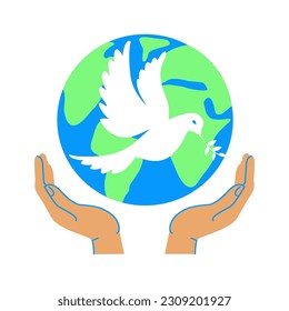 Dove of peace - a symbol of peace on earth.  Hands holding globe, earth.