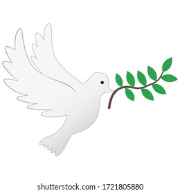 Dove of peace symbol vector illustration. A white pigeon holding an olive branch in its mouth. Printable Eps 10 file format on isolated background.