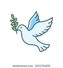 Dove peace symbol. White dove with olive branch, symbolizing peace, harmony, and hope. Ideal for religious, spiritual, and social justice projects.