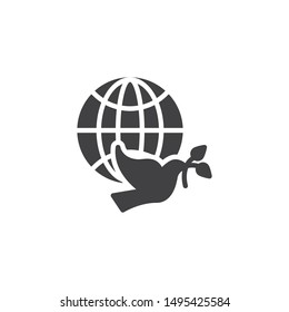Dove of Peace vector icon. filled flat sign for mobile concept and web design. Pigeon with olive branch and world globe glyph icon. Freedom symbol, logo illustration. Vector graphics