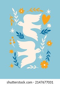 Dove of peace , vector illustration, poster, card. Two white birds with olive branch