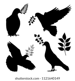 Dove of peace vector silhouetes. Pigeon with branch isolated on white background illustration