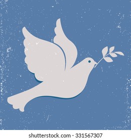 Dove of Peace. White isolated on blue scratched background