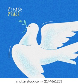 Dove of peace. World peace concept hand drawn in contemporary art style. Abstract art template with dove of peace flying in the blue sky. Poster, cover, postcard, banner for website or social media