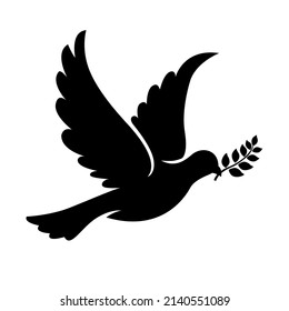 Dove peacemaker silhouette, vector. Dove illustration, symbol of peace. Flying dove holding branch isolated on white. Flying bird silhouette.