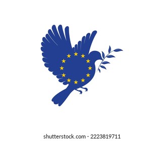 Dove peacemaker silhouette, vector. Dove illustration, symbol of peace. Flying dove holding branch isolated on white. Flying bird silhouette. Art design, artwork, wall decals. Greeting card design