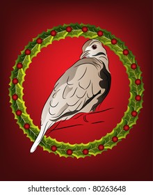 Dove perched on a branch encircled by a holly wreath EPS10