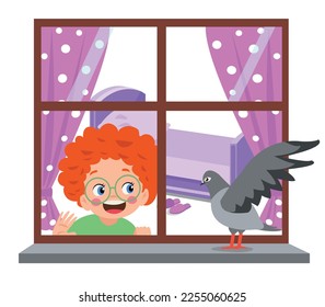 the dove perched on the window and the child staring at it