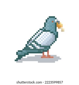 Dove with a piece of fried chicken, pixel art illustration