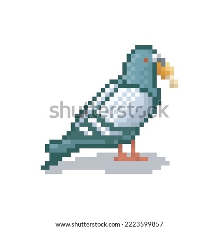 Dove with a piece of fried chicken, pixel art illustration