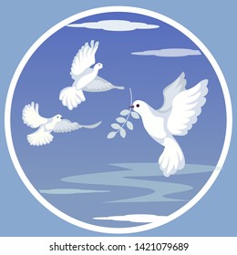 Dove pigeon bird with olive branch. Symbol of peace. In minimalist style. Cartoon flat vector illustration