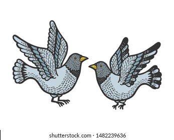 Dove pigeon birds tattoo color sketch engraving vector illustration. Scratch board style imitation. Hand drawn image.