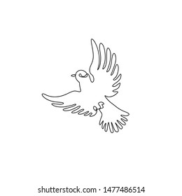 Dove or pigeon continuous line drawing, peace freedom or post mail delivery, tattoo, print for clothes and logo design, silhouette one single line on a white background, isolated vector illustration. 