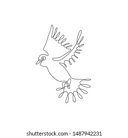 Dove or pigeon continuous line drawing,peace freedom or post mail delivery, tattoo, print for clothes and logo design, silhouette one single line on a white background, isolated vector illustration. 