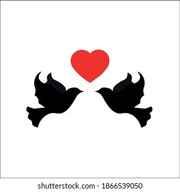 Dove, pigeon couple with heart. Love concept ,vector simplicity. Continuous one line drawing banner with doves