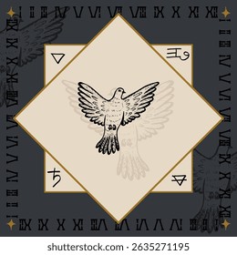 dove pigeon holy spirit religious symbol design engraving vector illustration in vintage old medieval style