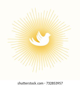 Dove pigeon in sun lights concept. Stock vector illustration of religion symbol.