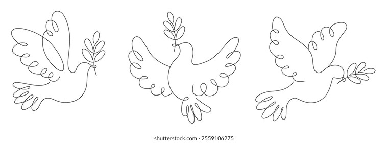 Dove, pigeon symbol of love peace and freedom in simple line vector, flying dove with olive branch