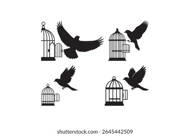Dove Release from Cage Design Bird Cage Escape Silhouette Illustration
