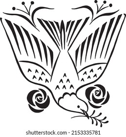 Dove and roses. Stylized bird dove of peace with branch and flowers drawing. Vector illustration. Black and white hand drawn dove. 