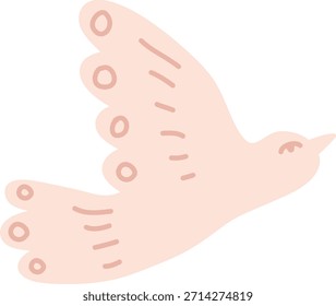 Pomba com asas arredondadas e marcas decorativas que disparam em perfil, limpa a linha de trabalho e formas suaves. Símbolo de paz, esperança, harmonia e liberdade. Ilustração de vetor de desenhos animados.