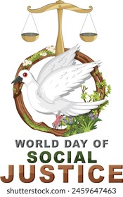 Dove, scales of justice, and floral wreath illustration