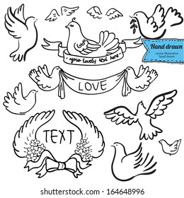 Dove set with label hand drawn on white background, sketchy illustration isolated