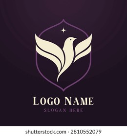 Dove Shield Logo Design, Elegant Flying Dove Crest for Peace Faith Protection and Premium Brand
