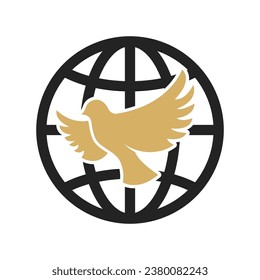 Dove silhouete on earth ball bg. Religious sign, peace. Dove sign