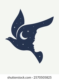 dove silhouette with beauty face and stars and moon design vector illustration