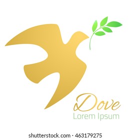Dove silhouette. Golden dove, green olive branch. White background. Logo template. Vector illustration.