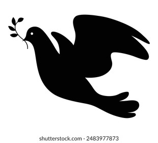 Dove silhouette icon. Black shape of pigeon. Vector flying dove with olive branch on white background