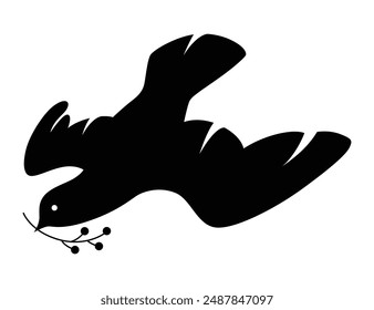 Dove silhouette icon. Black shape of pigeon. Vector flying dove with olive branch on white background